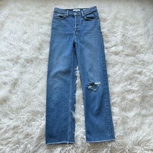 Re/Done Distressed Straight Raw Hem‎ Button Fly High Rise Jeans